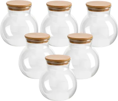 Produktbild von gouveo 6er Set Vorratsglas 1000 ml "Kugel" mit Holz-Deckel - Kugelförmige Vorratsdosen aus Borosilikatglas - Aufbewahrungsgläser