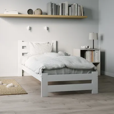Produktbild von Holzbett 100x200 cm mit Lattenrost Modern Bett Bed Kiefer Massiv Bettgestell Einzelbett Massivholzbett Klassisch | Komfortabel & Langlebig | Skandinavisch Boho Landhaus Kopfteil hoch weiß