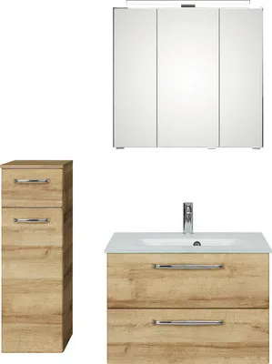 Produktbild von Badmöbel-Set Pelipal Kumba BxHxT 107 x 200 x 50 cm Frontfarbe eiche riviera 4-teilig mit Glas-Waschtisch weiß und Unters