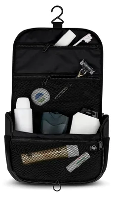 Produktbild von Kulturtasche Damen & Herren Schwarz - Logan - Stylischer Kulturbeutel zum Aufhängen - Waschtasche Groß für Reise & Travel - Mit Durchsichtigem Beutel für Handgepäck Flüssigkeiten