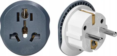 Two electrical adapters are shown against a white background. One is a universal adapter with multiple slots, and the other is a European plug adapter.