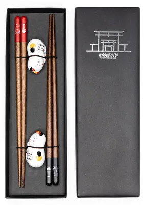 Essstäbchen-Set aus Holz mit Keramik-Panda-Ablage, 2 Paar
