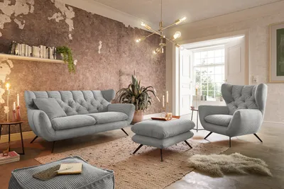 Produktbild von KAWOLA Sitzgruppe CHARME 2-Sitzer Sessel Hockerbank Cord hellgrau