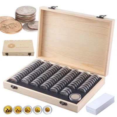Produktbild von Münzsammelbox, Münzhalter, Münzbox aus Holz, 100 Stück Münzen Sammelbox, Münzsammlung, mit Runden Münzkapseln, für Münzen 18mm bis 30mm