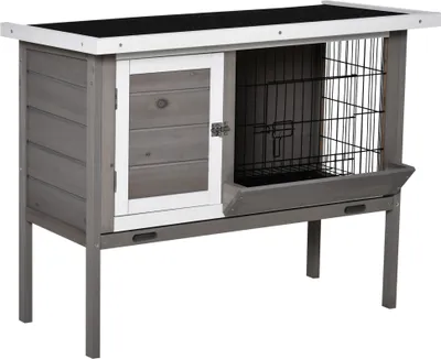 Produktbild von PawHut Outdoor-Holzstall, erhöhter Käfig für Kaninchen, Meerschweinchen, Kleintiere, mit zusammenklappbarem Asphaltdach-Futterspender, abnehmbaren Tabletts und 2 Türen, 91 x 46 x 71 cm, Grau