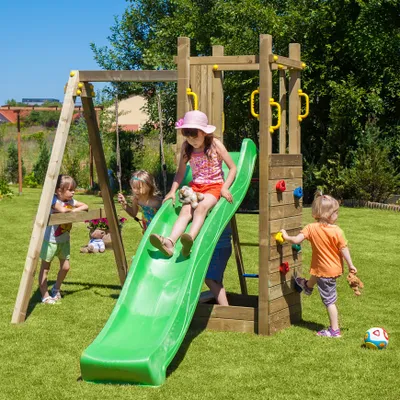 Produktbild von Fungoo Spielturm "Funny 3" natur mit Schaukel, Rutsche, Sandkasten und Kletterwand