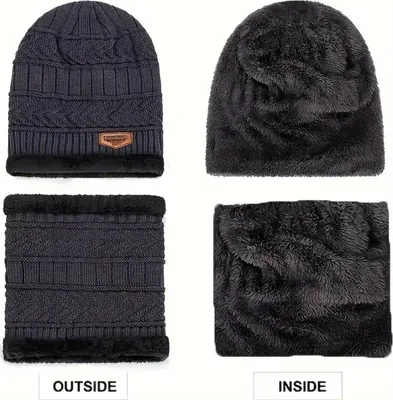 Immagine prodotto di Set cappello invernale con sciarpa - cappello a maglia e sciarpa a tubo, foderato, taglia unica Rosso Bordeaux