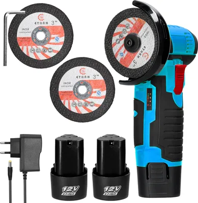 Produktbild von Mini Winkelschleifer, 12V Akku-Winkelschleifer 19500 U/min, mit 2 Batterien, 2 Trennscheiben, EU-Stecker Adapter, perfekt für Holz, Stein und Stahl