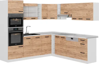 Produktbild von Vicco Einbauküche in L-Form R-Line, 237 x 247 cm ohne Arbeitsplatte, Goldkraft Eiche/Weiß/Weiß