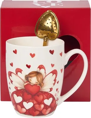 Productafbeelding van Porseleinen beker met theefilter, merk Angel, in een cadeauverpakking