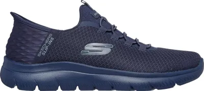 A side view of a dark blue Skechers slip-on sneaker.