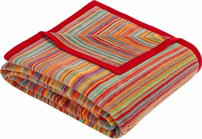 A folded blanket with a striped pattern and a red border.