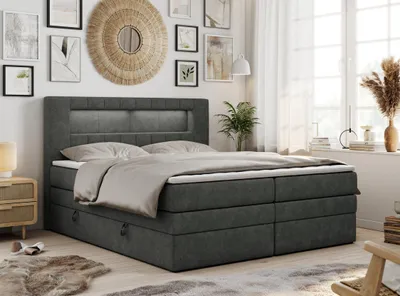 Produktbild von Boxspringbett mit LED Kopfteil und Topper - GOLD-5-KING - 120x200cm - Dunkelgrau - Mittelfest (H3)