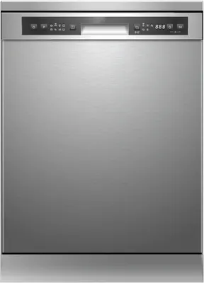 A front view of a silver freestanding dishwasher.