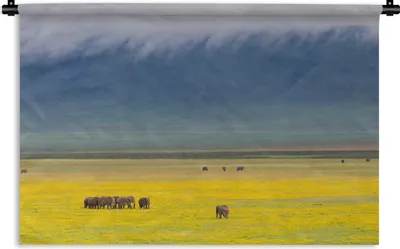 Produktbild von MuchoWow® Wandteppich Wandbehang Elefantengruppe zusammen im Ngorongoro-Krater 120x80 cm Tapisserie Dekoration Wandtuch - Wanddekorationen - Wandtücher