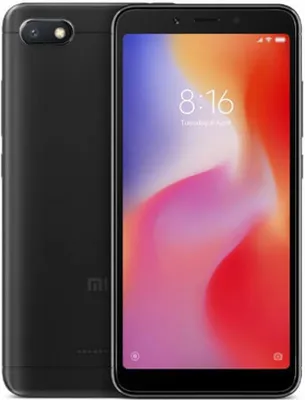 A black Xiaomi Redmi 6A smartphone is shown from the front and back.