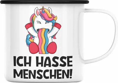 Produktbild von Trendation - Ich Hasse Menschen Emaille Tassen Emaille Tasse Becher Emaille Emaille Tasse Einhorn Lustig Spruch Geschenk Frauen Männer (Schwarz)