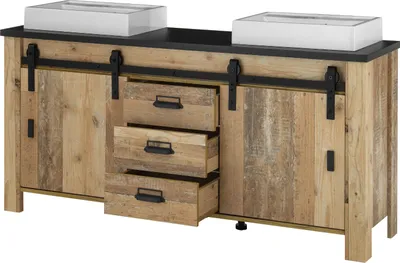 Produktbild von Badmöbel Set "Stove" in Used Wood hell und anthrazit mit 2x Waschbecken und LED