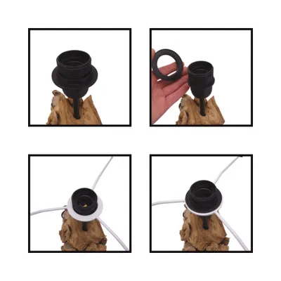 A collage of four images showing the assembly of a lamp base.