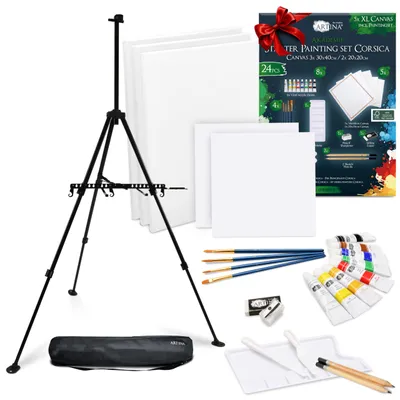 Acrylfarbe-Set mit Alu-Staffelei, 24-teilig, 8 Tuben, 5 Leinwände