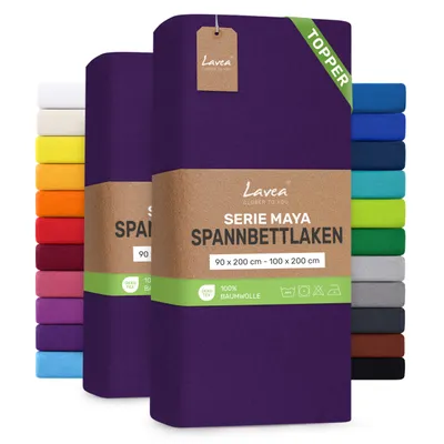 Zdjęcie produktu dla Lavea® Zestaw 2 sztuk, prześcieradło elastyczne na materac, 90/100x200 cm, wykonane w 100% z bawełnianej dzianiny – do materacy o grubości do 12 cm – miękkie, ciemnofioletowe