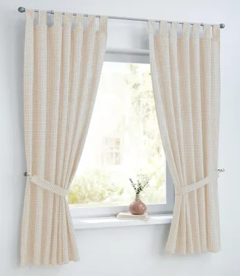 Produktbild von Cottage Vorhang und Raffhalter weiß beige kariert mit Schlaufen,Reine Baumwolle, Landhaus-Gardine Küche Breite 110 cm x Höhe 175 cm (1 STK)