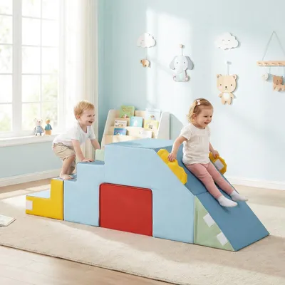 Produktbild von COSTWAY 4 teilige Schaumstoffbausteine, Softbausteine mit Treppe & Tunnel, Riesenbausteine zum Krabbeln & Rutschen, Großbausteine für Kinder ab 1+