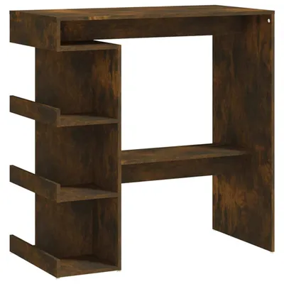A dark brown wooden bar table with shelves on a white background.