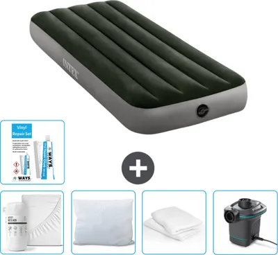 Produktbild von Intex Luftbett – 1 Person – 76 x 191 x 25 cm – Grün – im Lieferumfang enthalten Spannbettuch - Küssen - Pumpe - Reperaturset en Kissenschutz