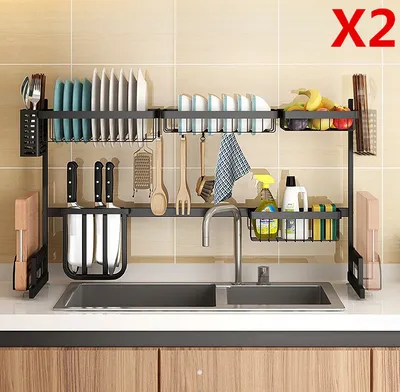 Produktbild von 2x Geschirrstaender Abtropfgestell Geschirrabtropfer Abtropfgitter mit Hacken Abtropfschale Küchenregal Spüle schwarz Edelstahl