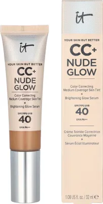 A product shot of IT Cosmetics CC+ Nude Glow SPF40 foundation and its packaging.