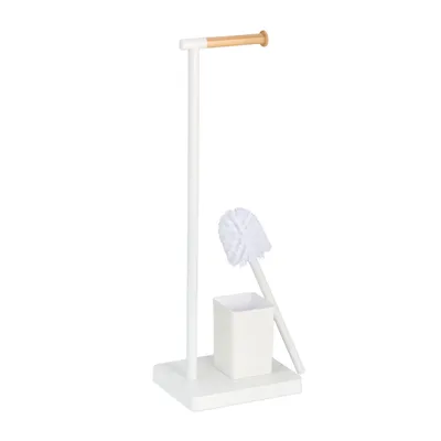 Image de Ensemble de salle de bains Relaxdays, dimensions : 66,5 x 23 x 18 cm, porte-papier hygiénique sur pied, brosse de toilettes avec support, acier inoxydable, blanc