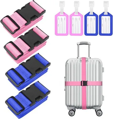 Immagine prodotto di Ibenzoa® Set di 4 cinghie per valigie – Cinghie in nylon regolabili, 188x5 cm, con 2 ganci per valigie, colorate (nero, arcobaleno, blu, arancione), per viaggi sicuri
