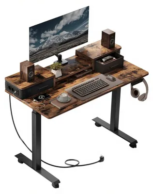 Image de Bureau réglable en hauteur avec support pour écran et station de charge | Marron | 120x60x72-120 cm