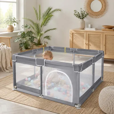 Imagen del producto de Corralito para bebés QEENTOE con red de cierre con cremallera, estructura rectangular gris, área de juego segura para niños (127x127x68 cm)