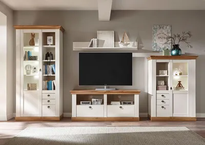 Produktbild von Landhaus Wohnwand 356cm pinie weiß / wotan eiche Anbauwand Highboard