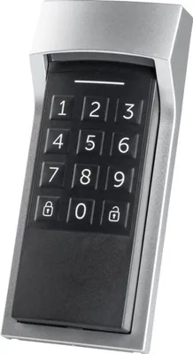 A product shot of a smart home keypad.