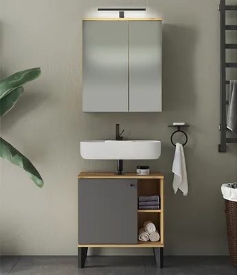 Produktbild von Waschplatz-Set 2-teilig mit Waschbeckenunterschrank 60 cm, LED-Spiegelschrank, in Eiche mit grau OLEAN-61