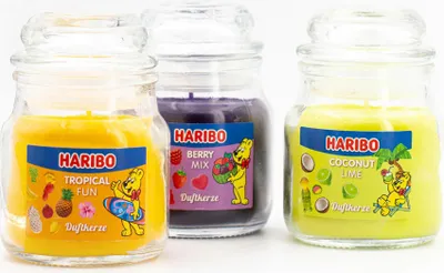 Produktbild von Haribo Duftkerze 3er Set Frucht Power - Berry Mix, Coconut Lime, Tropical Fun - 3x85g
