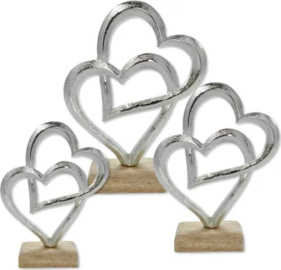 Produktbild von Metall Figur zwei Herzen auf Holz-Fuß Dekofigur Tisch-Deko Metallherz Skulptur 3er Set - 17, 20 und 25cm