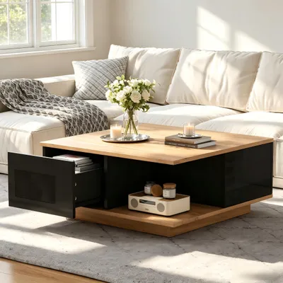 Immagine prodotto di Tavolino geometrico, con 3 cassetti, finitura lucida, nero e color legno
