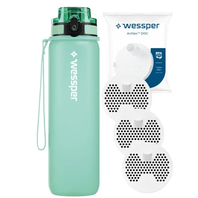 Produktbild von Wessper Activemax Triline 1l Wasserflasche + 3x Wessper Actitex Disc Filterpatrone | Flasche in Minze, komplett mit Wasserfilterpatrone