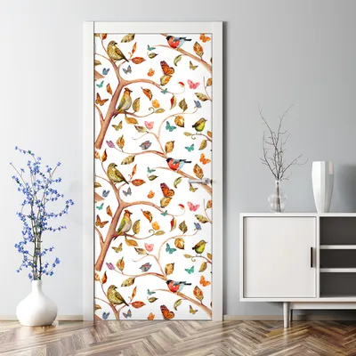 Produktbild von Dekorative Abnehmbarer Wandsticker Türtapete selbstklebend Bunte Vögel und Schmetterlinge 85 x 200 cm
