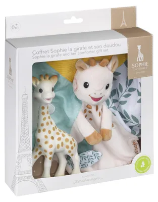 Zdjęcie produktu dla Zestaw "SOPHIE LA GIRAFE" zawierający pluszaka i kocyk z uchwytem na smoczek, w kolorach
