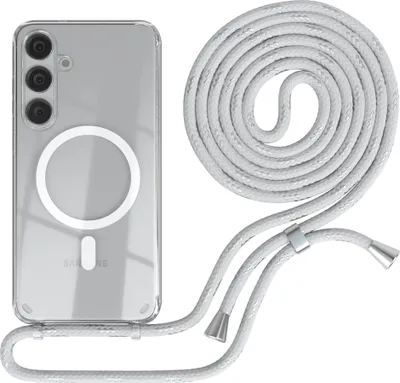 Produktbild von EAZY CASE - Handykette kompatibel mit Samsung Galaxy S24 Plus Kette zum Umhängen Stoßfest Handyhülle für Galaxy S24 Plus Silikon Hülle mit Band Handytasche Transparent als Fallschutz in Weiß/Silber