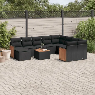 Produktbild von Design 11-tlg. Garten-Sofagarnitur mit Kissen Schwarz Poly Rattan, Gartenmöbel-Sets 2024 Neu