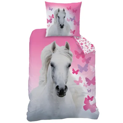 A bedding set featuring a white horse and pink butterflies on a pink gradient background.