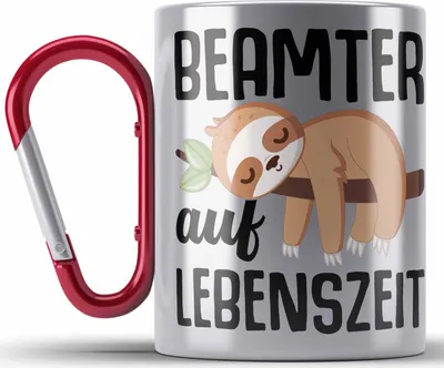 Produktbild von Trendation - Beamter Auf Lebenszeit Edelstahl Tasse Karabiner Geschenk für Beamte Verbeamtet Lehrer Polizist Lustiger Spruch Faultier (Rot)