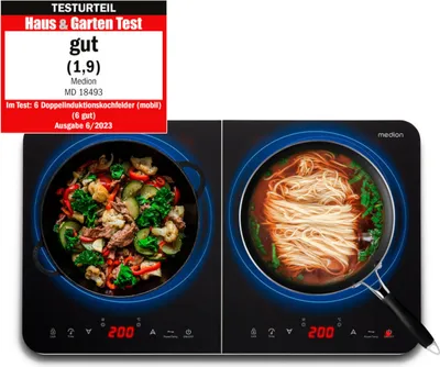 Produktbild von MEDION Doppel-Induktionskochplatte, 3500 Watt, Zwei Kochplatten, 10 Temperaturstufen, LED Display, MD18493, schwarz