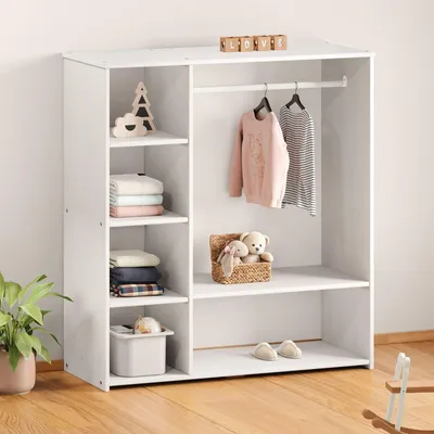 Produktbild von Kinderschrank RAFAEL mit Kleiderstange aus Kiefer - Weiß. Offener Schrank mit Fächern und Ablagen, Skandinavisches Design, Kinderregal nach Montessori Prinzipien